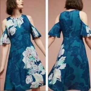 Anthro Maeve Elia Blue Floral Cold Shoulder Dress